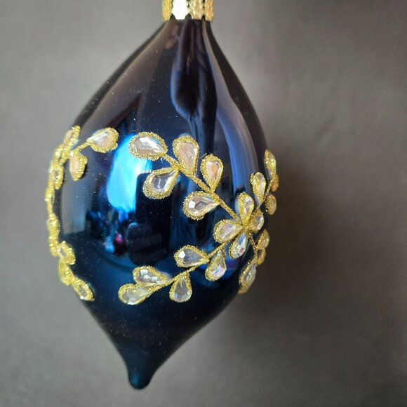 Frontgate Blue Gold Teardrop Glass Ornament 5 Inch Hand Decorated Holiday Decor - Picture 2 of 6